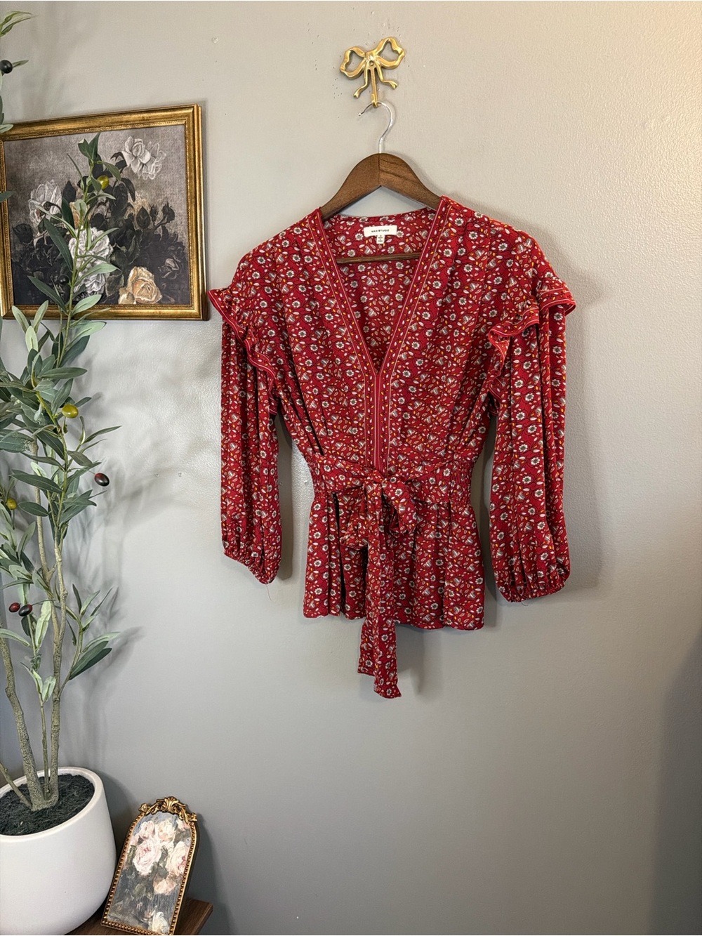 Max Studio Floral Tie Waist Peplum Blouse Red Ruffle Sleeve Boho Top Small - Picture 2 of 8